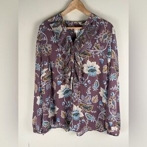 CHICO'S Dusty Purple & Blue Floral Long Roll Tab Sleeve Blouse X-Large Size 3